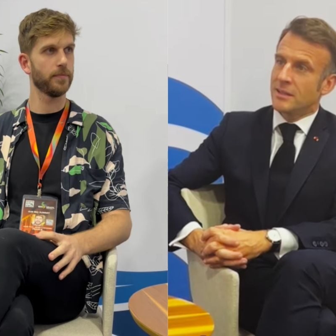 Presidente da França, Emmanuel Macron, é entrevistado por humorista francês em evento do G20 no Rio de Janeiro